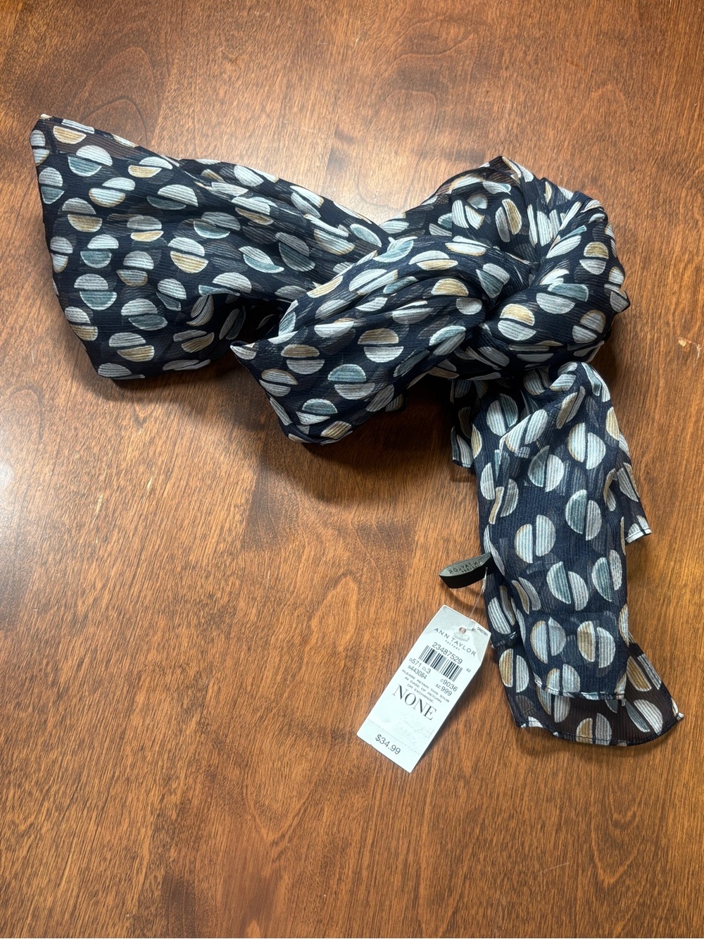 NWT Ann Taylor Factory Navy Scarf with Beige and Light Gray Dot Pattern